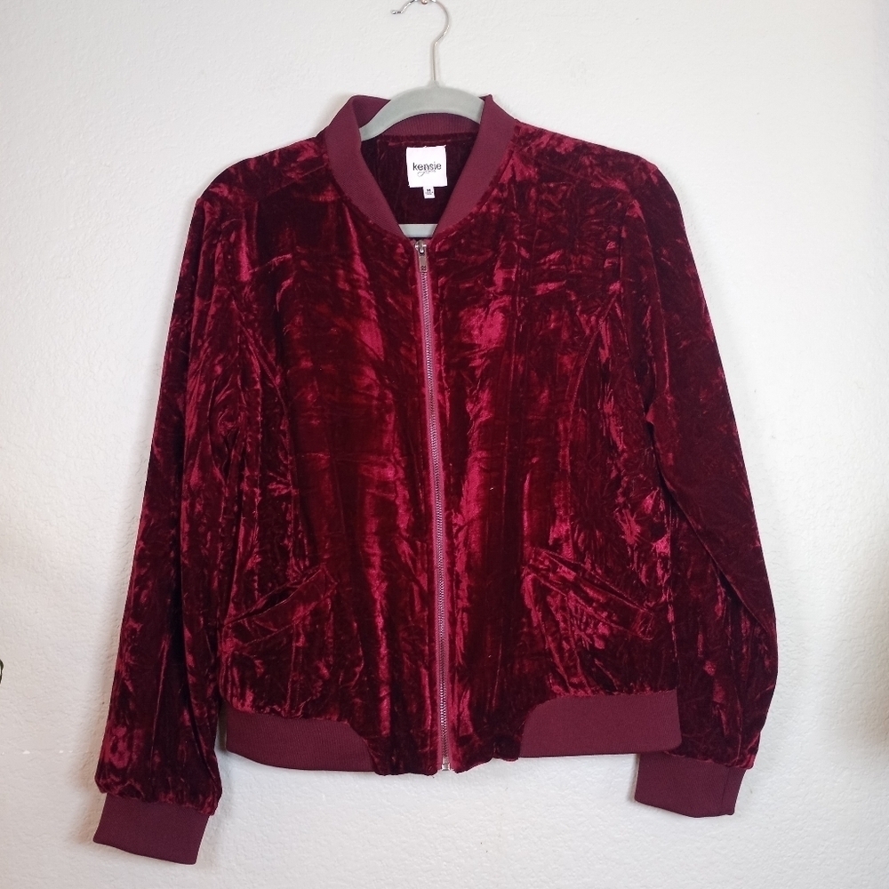 Kensie Crushed Velvet Burgundy Maroon Whimsigoth Casual Zip Up Bomber Jacket